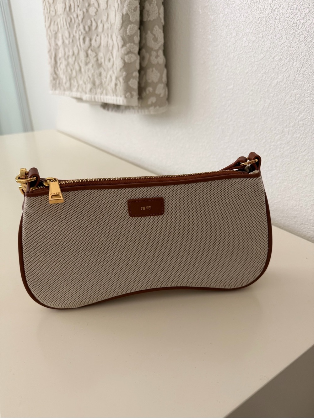 JW PEI Beige Canvas Shoulder Bag with Brown Trim and Gold Hardware